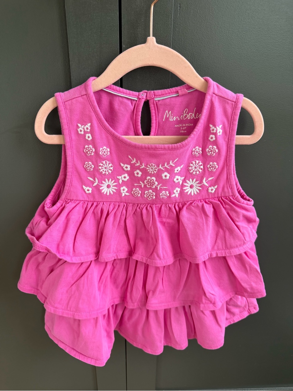 Mini Boden Pink Ruffle Cotton Tank with White Floral Embroidery | 5/6 Y